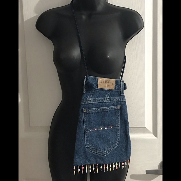 New Riders denim jean handbag w/multicolored roses and beads fringe - Picture 2 of 14